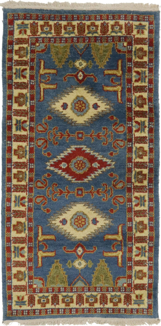 Blue Geometric 2'5X4'8 Kazak Oriental Rug