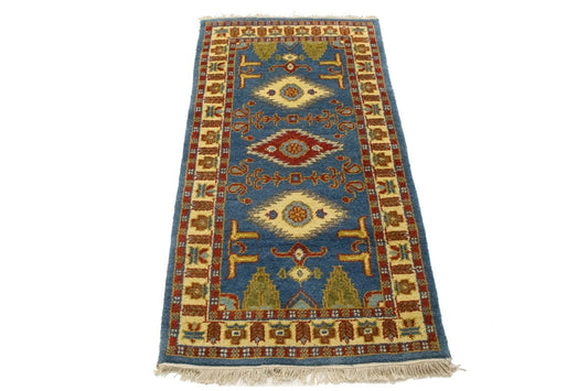 Blue Geometric 2'5X4'8 Kazak Oriental Rug