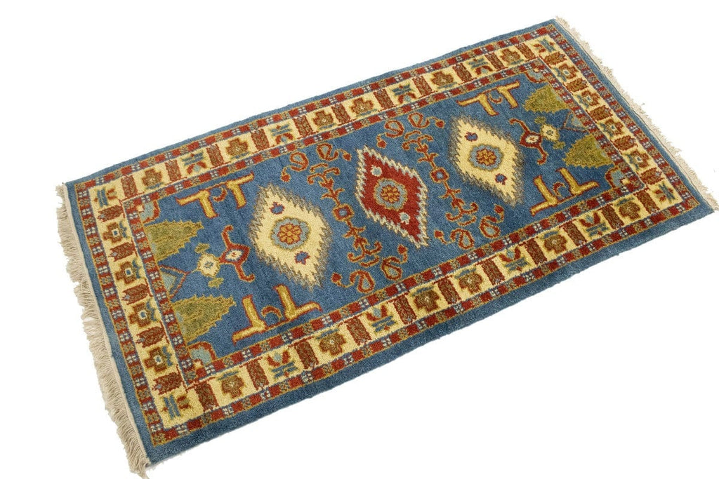 Blue Geometric 2'5X4'8 Kazak Oriental Rug