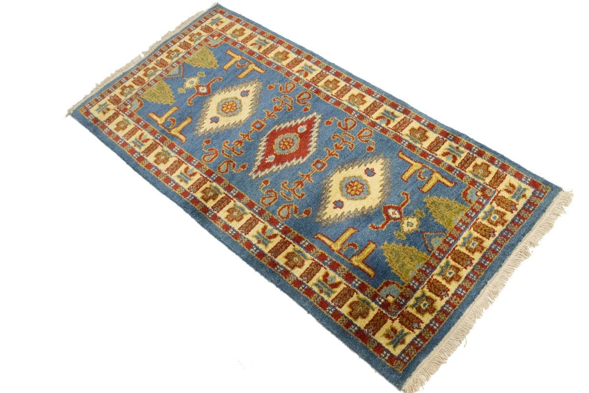 Blue Geometric 2'5X4'8 Kazak Oriental Rug