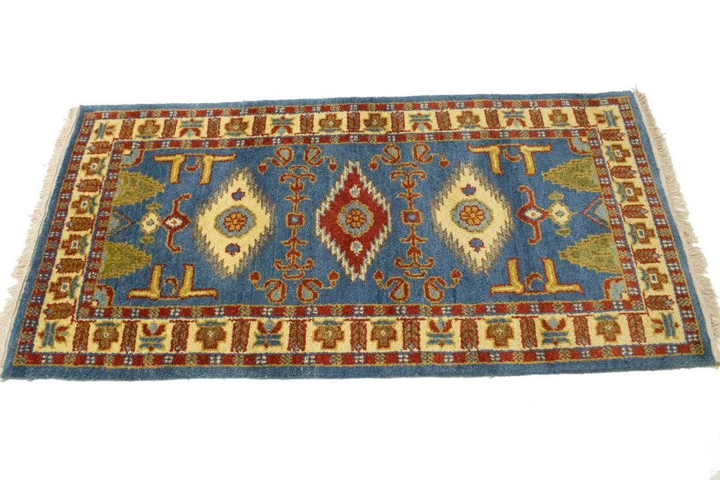 Blue Geometric 2'5X4'8 Kazak Oriental Rug