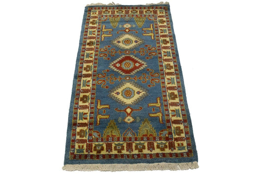 Blue Geometric 2'7X4'7 Kazak Oriental Rug