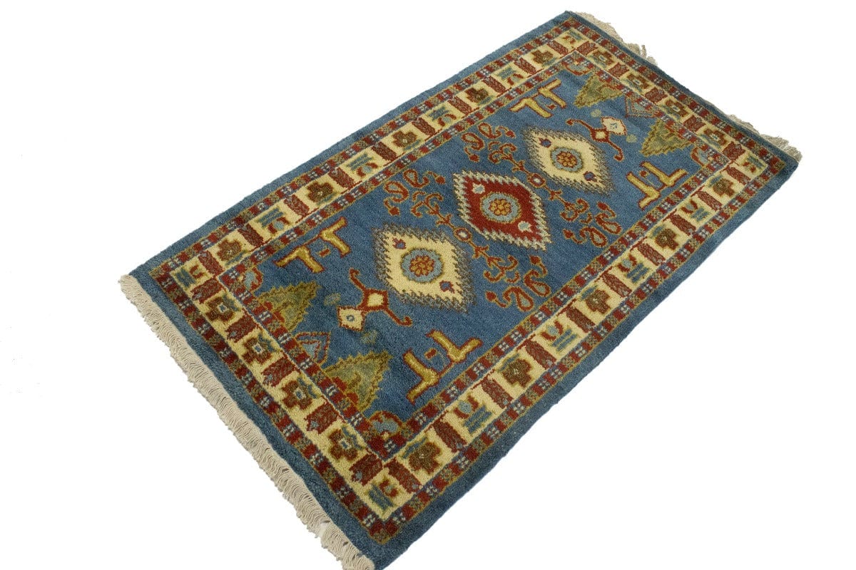 Blue Geometric 2'7X4'7 Kazak Oriental Rug