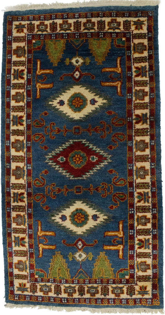 Blue Geometric 2'5X4'8 Kazak Oriental Rug