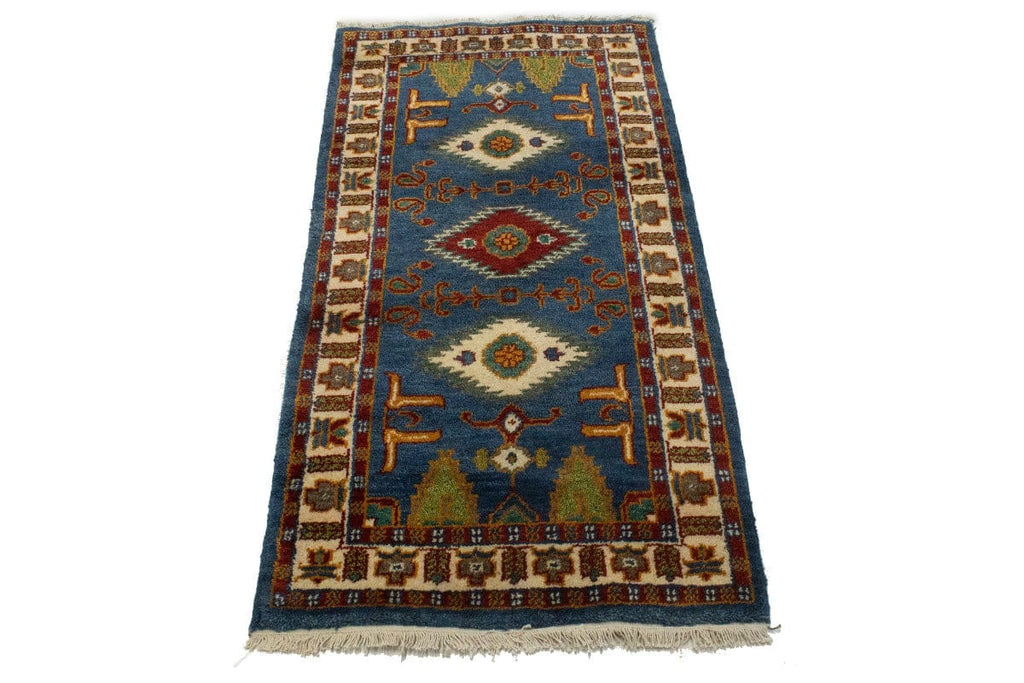 Blue Geometric 2'5X4'8 Kazak Oriental Rug