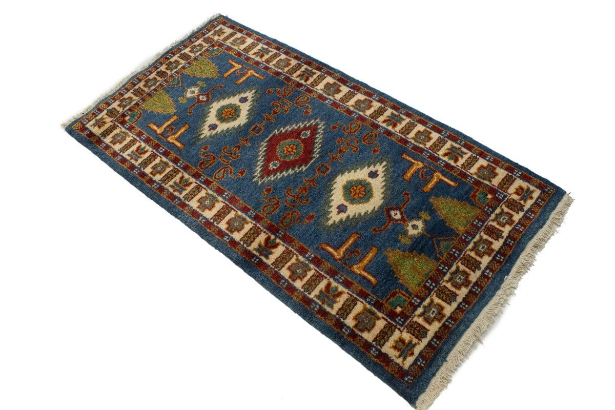 Blue Geometric 2'5X4'8 Kazak Oriental Rug