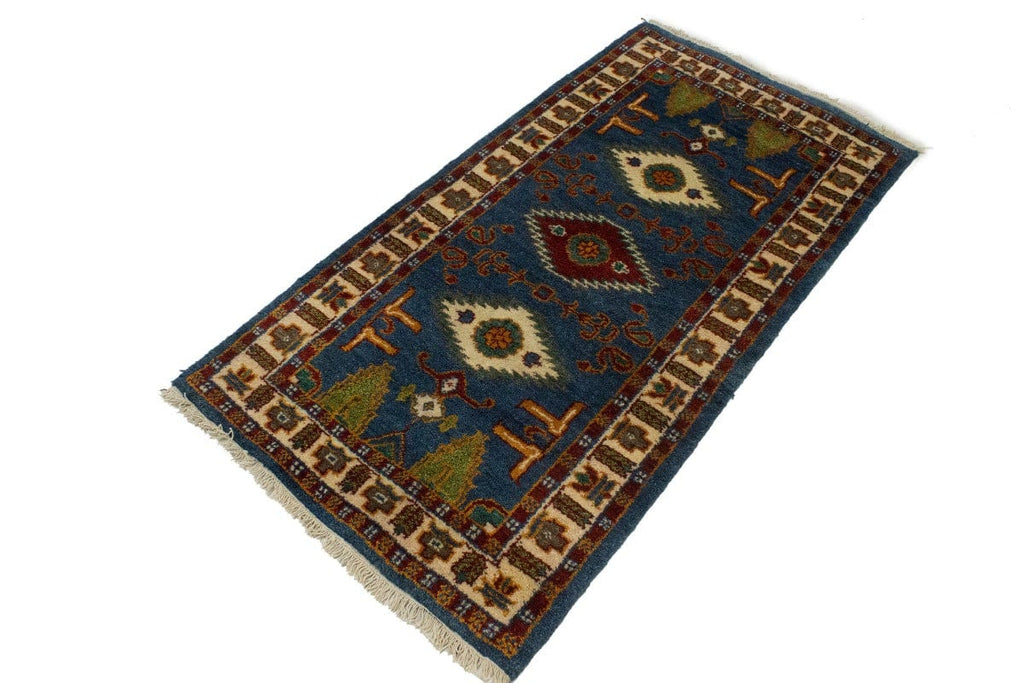 Blue Geometric 2'5X4'8 Kazak Oriental Rug