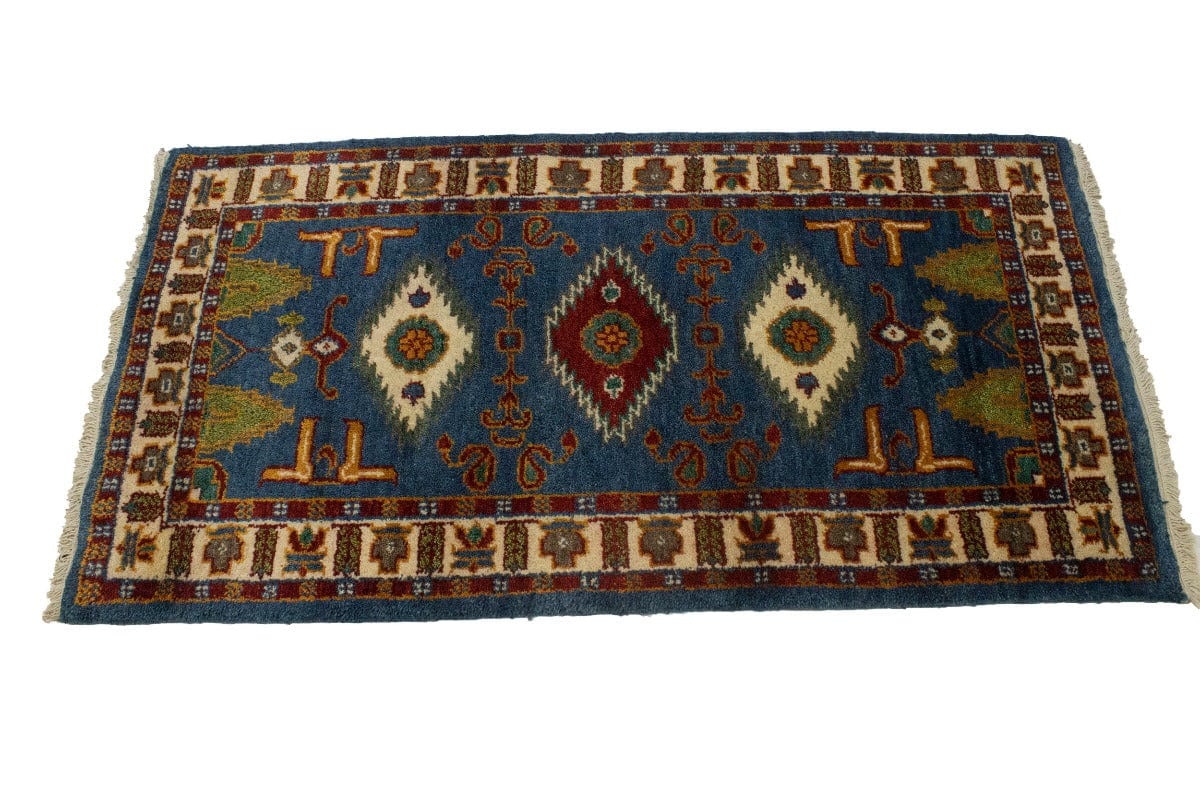 Blue Geometric 2'5X4'8 Kazak Oriental Rug