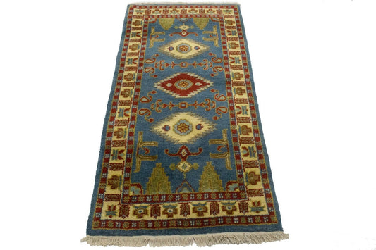 Blue Geometric 2'5X4'9 Kazak Oriental Rug