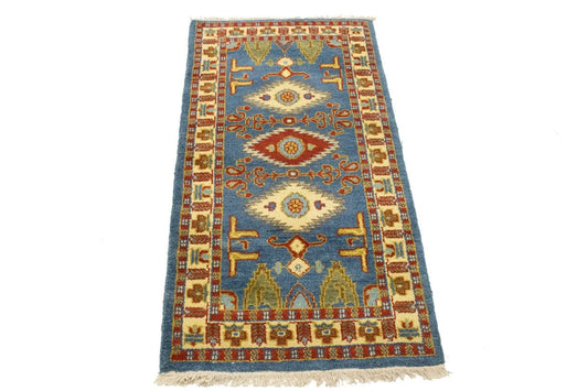 Blue Geometric 3X5 Kazak Oriental Rug