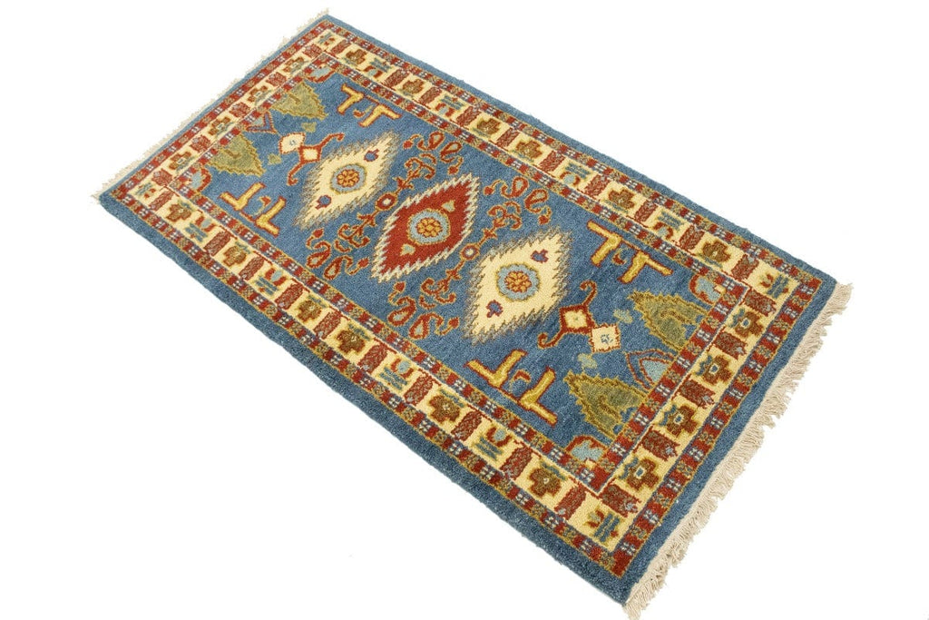 Blue Geometric 3X5 Kazak Oriental Rug