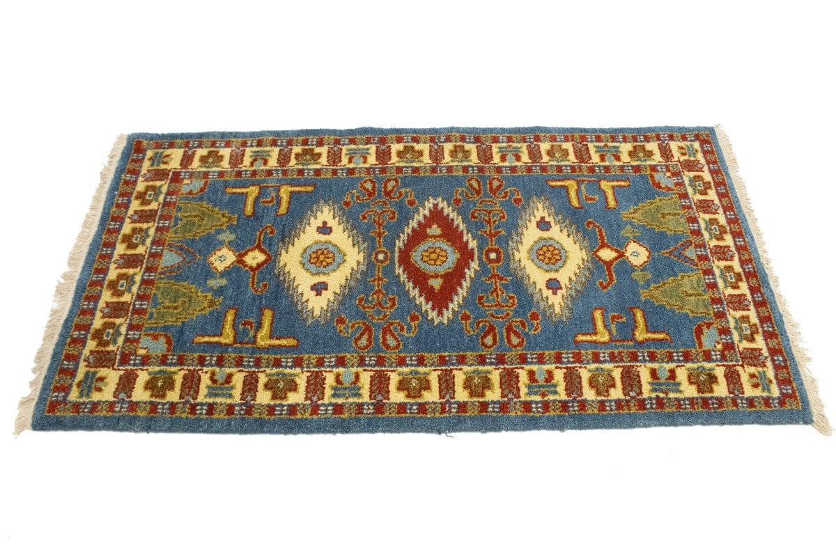 Blue Geometric 3X5 Kazak Oriental Rug