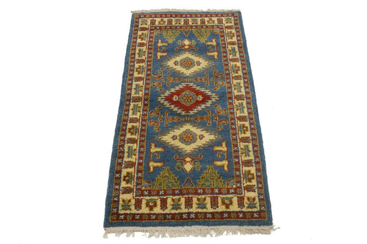 Blue Geometric 2X4 Kazak Oriental Rug