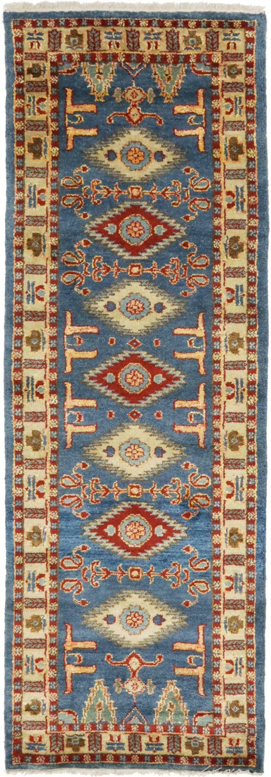 Blue Geometric 3X8 Kazak Oriental Runner Rug