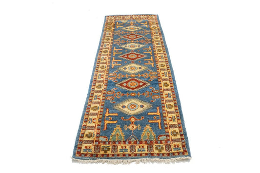 Blue Geometric 3X8 Kazak Oriental Runner Rug