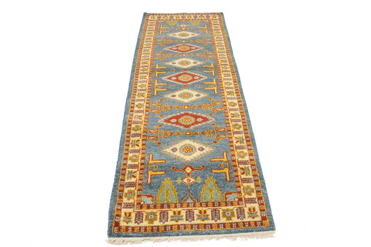 Blue-gray Geometric 3X8 Kazak Oriental Runner Rug