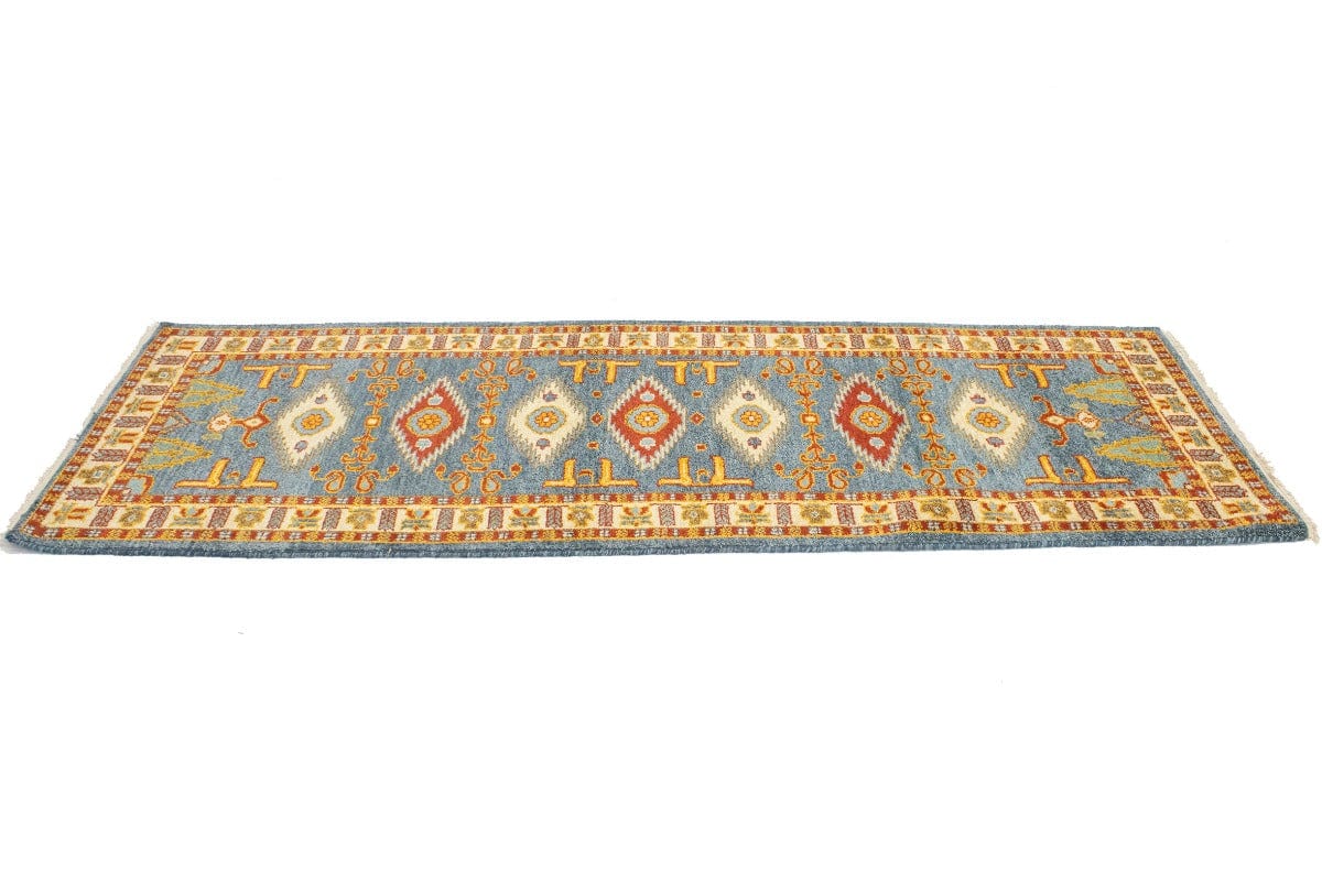 Blue-gray Geometric 3X8 Kazak Oriental Runner Rug