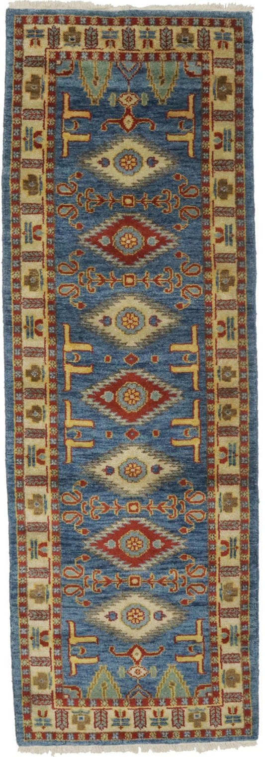 Blue Geometric 3X8 Kazak Oriental Runner Rug