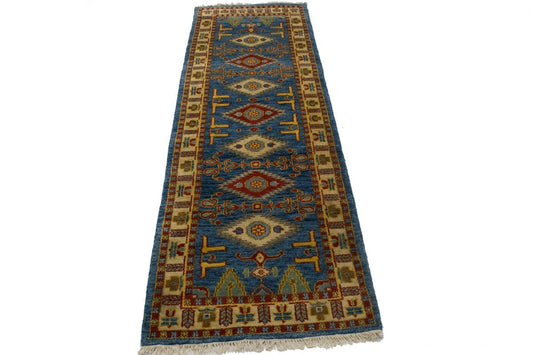 Blue Geometric 3X8 Kazak Oriental Runner Rug