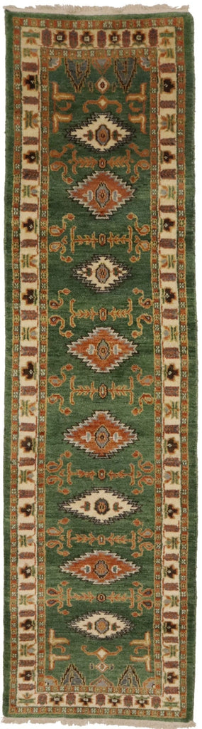 Green Geometric 3X10 Kazak Oriental Runner Rug