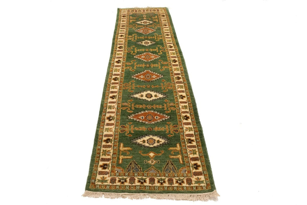 Green Geometric 3X10 Kazak Oriental Runner Rug