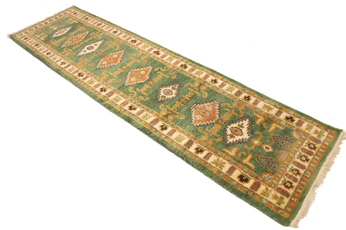 Green Geometric 3X10 Kazak Oriental Runner Rug