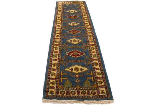 Blue Geometric 3X9 Kazak Oriental Runner Rug