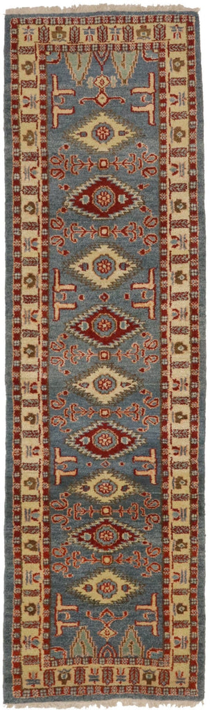 Blue-gray Geometric 3X10 Kazak Oriental Runner Rug