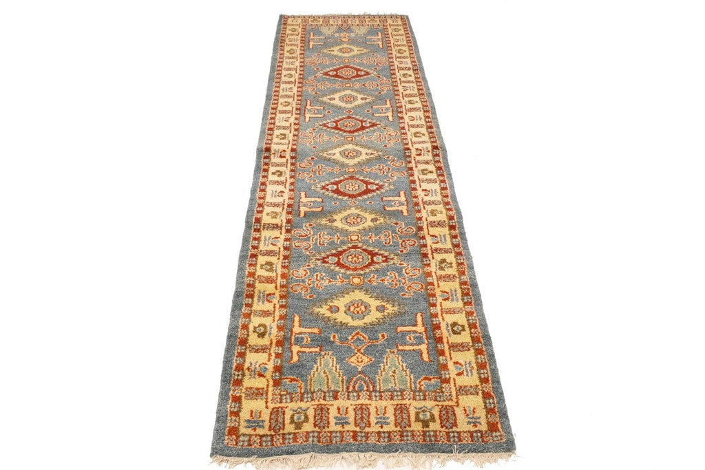 Blue-gray Geometric 3X10 Kazak Oriental Runner Rug