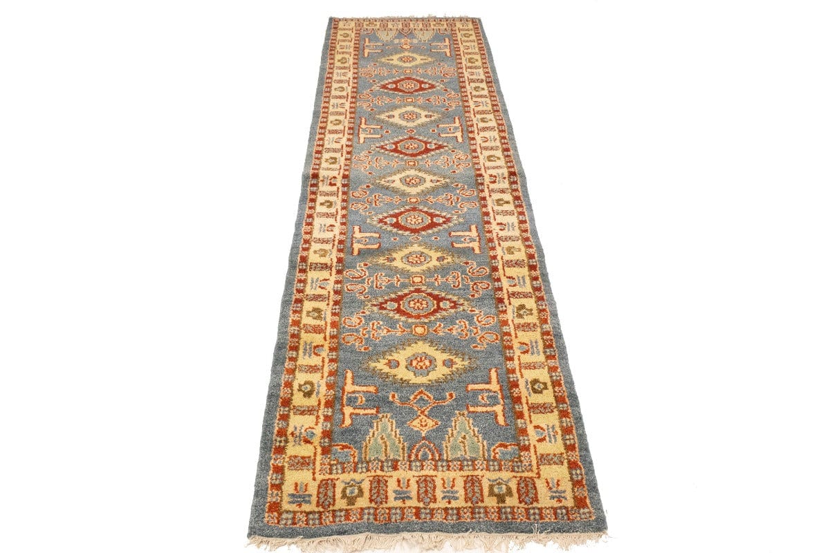 Blue-gray Geometric 3X10 Kazak Oriental Runner Rug