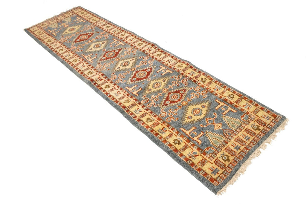 Blue-gray Geometric 3X10 Kazak Oriental Runner Rug