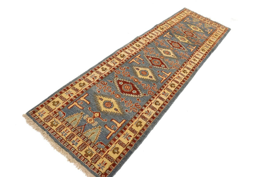 Blue-gray Geometric 3X10 Kazak Oriental Runner Rug