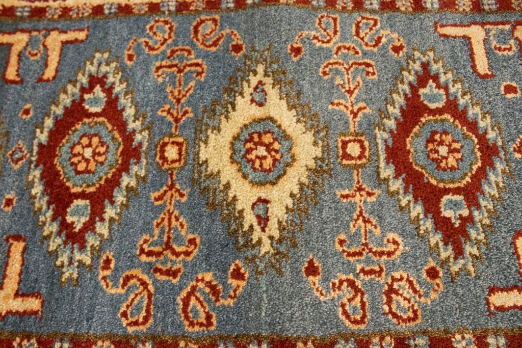 Blue-gray Geometric 3X10 Kazak Oriental Runner Rug