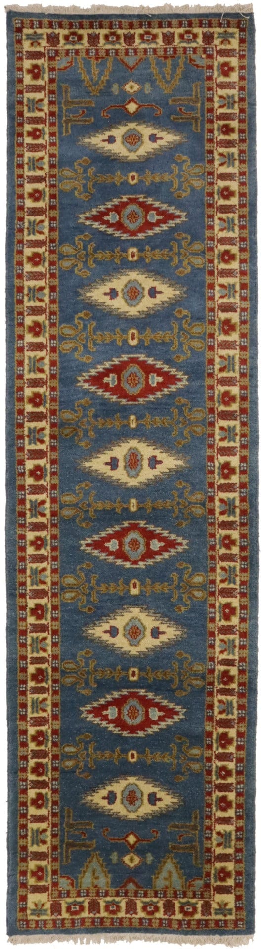 Blue Geometric 3X10 Kazak Oriental Runner Rug