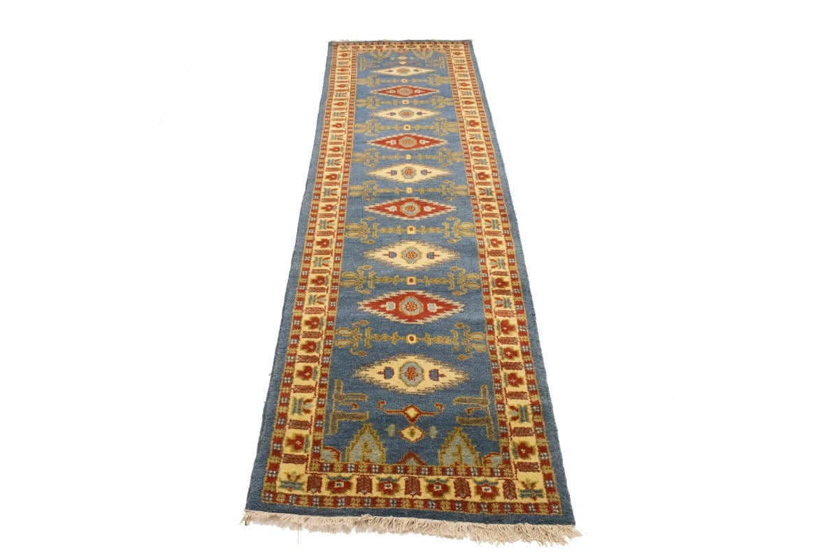 Blue Geometric 3X10 Kazak Oriental Runner Rug