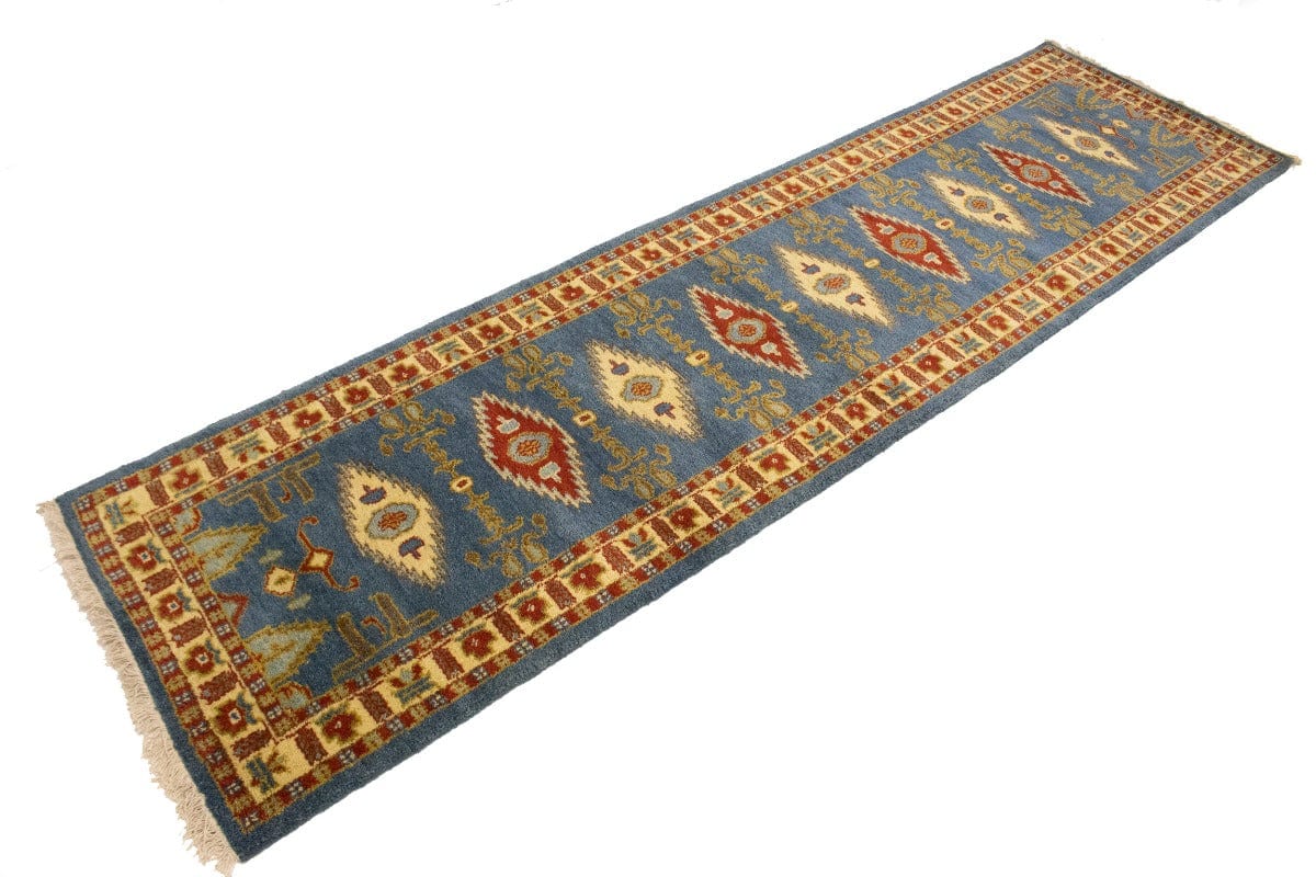 Blue Geometric 3X10 Kazak Oriental Runner Rug