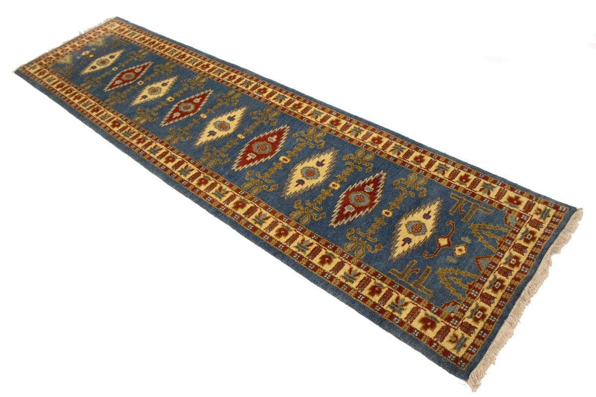 Blue Geometric 3X10 Kazak Oriental Runner Rug