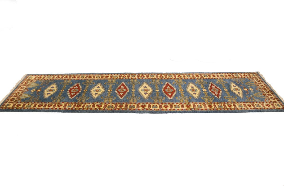 Blue Geometric 3X10 Kazak Oriental Runner Rug