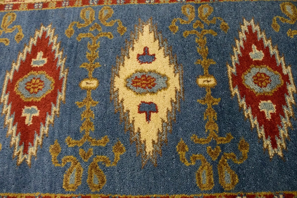 Blue Geometric 3X10 Kazak Oriental Runner Rug