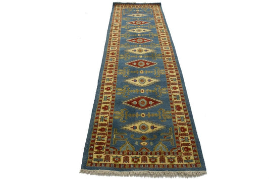 Blue Geometric 3X10 Kazak Oriental Runner Rug