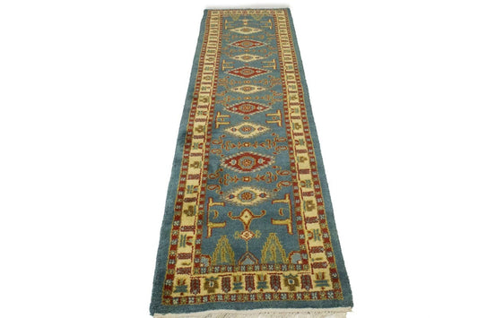 Blue Geometric 3X10 Kazak Oriental Runner Rug