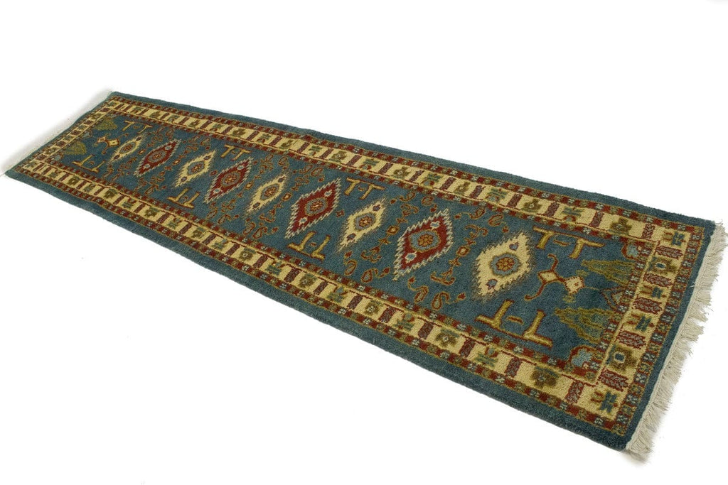 Blue Geometric 3X10 Kazak Oriental Runner Rug