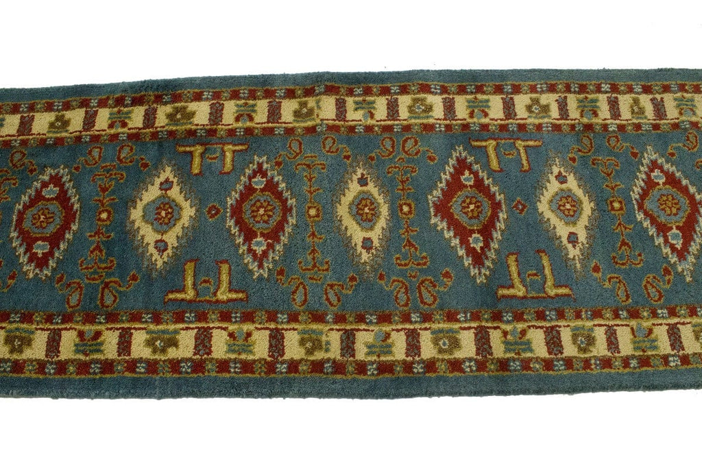 Blue Geometric 3X10 Kazak Oriental Runner Rug