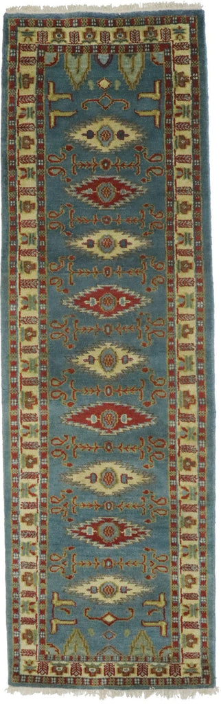 Blue Geometric 3X9 Kazak Oriental Runner Rug