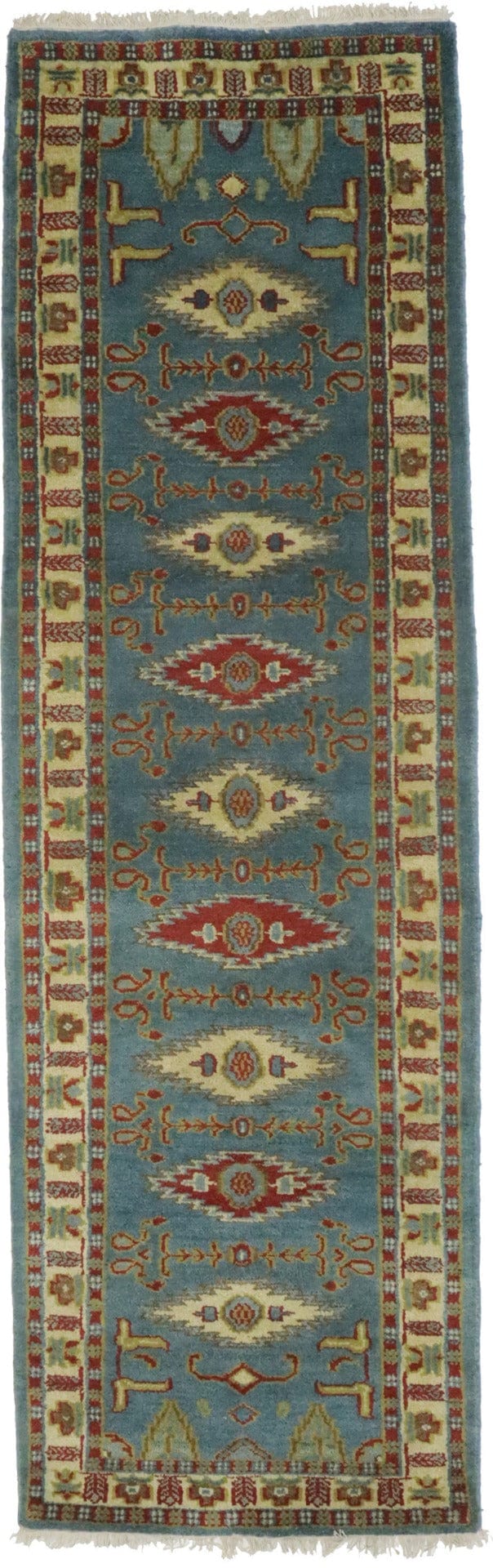 Blue Geometric 3X9 Kazak Oriental Runner Rug