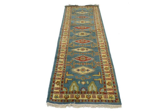 Blue Geometric 3X9 Kazak Oriental Runner Rug