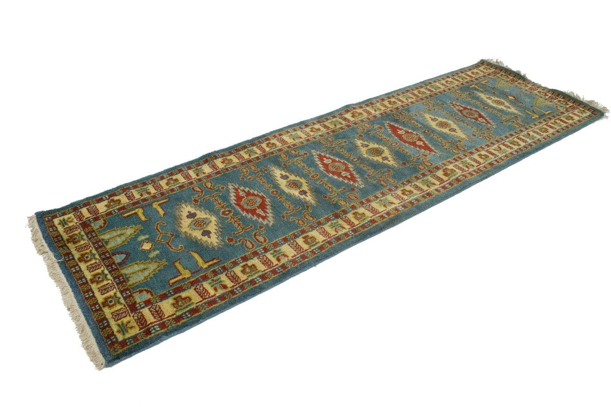 Blue Geometric 3X9 Kazak Oriental Runner Rug