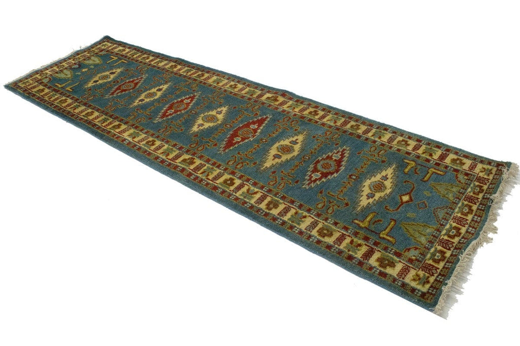 Blue Geometric 3X9 Kazak Oriental Runner Rug