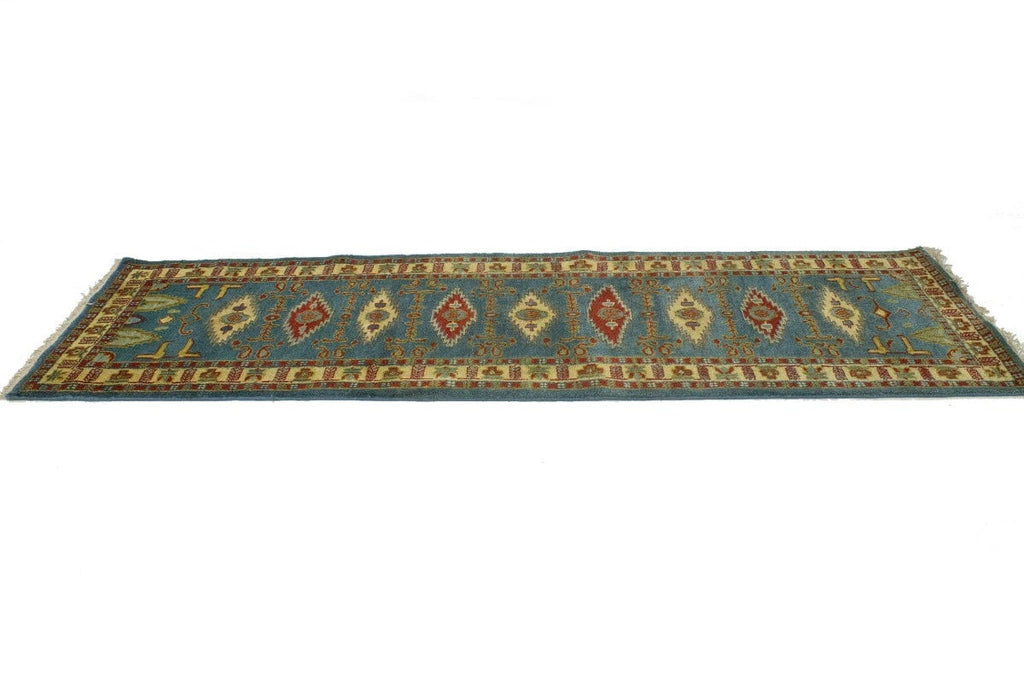 Blue Geometric 3X9 Kazak Oriental Runner Rug