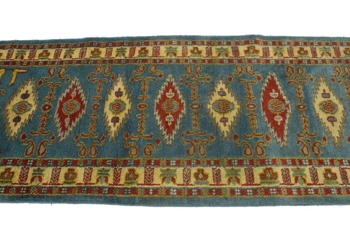 Blue Geometric 3X9 Kazak Oriental Runner Rug